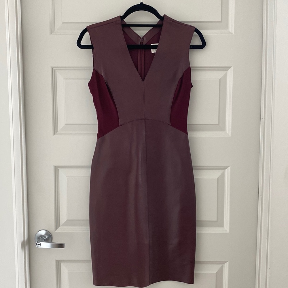 Reiss maroon burgandy leather sheath dress